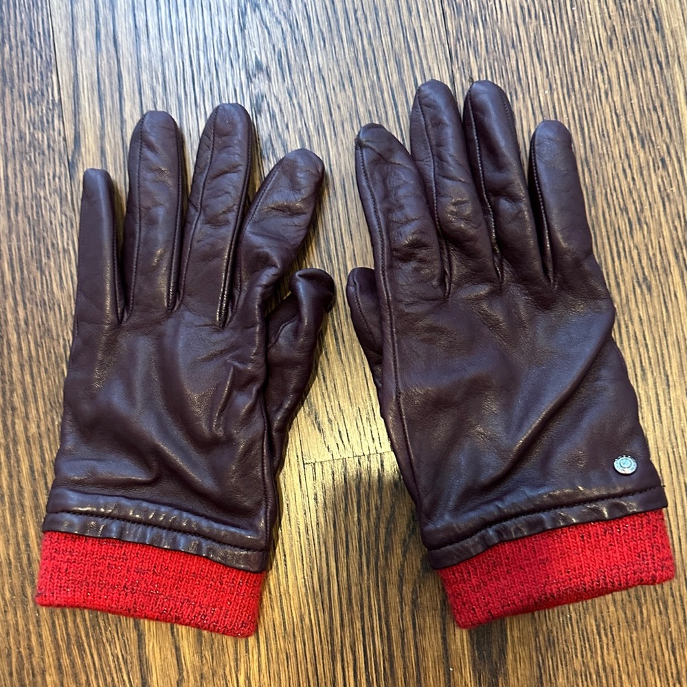 Womens Brown Leather Gloves with Red Cuffs